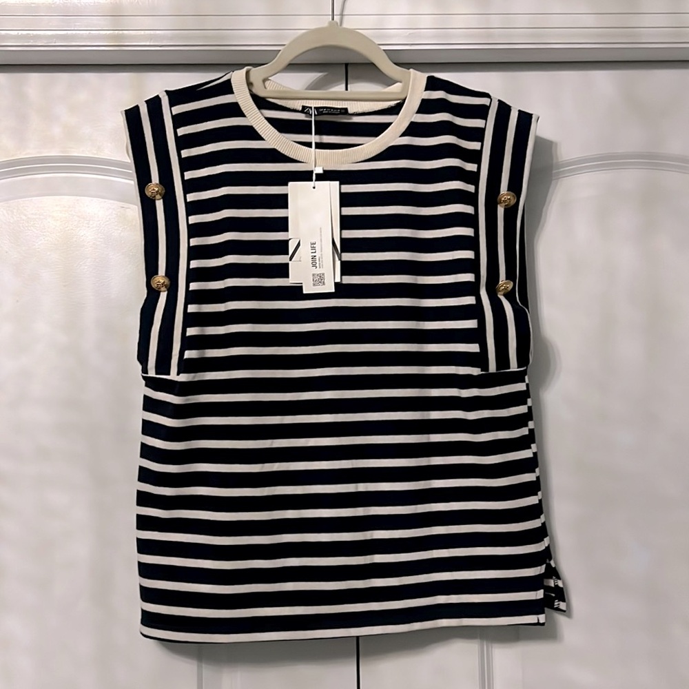 Brand new ZARA top. Beautiful navy and white stripe top with gold detail!